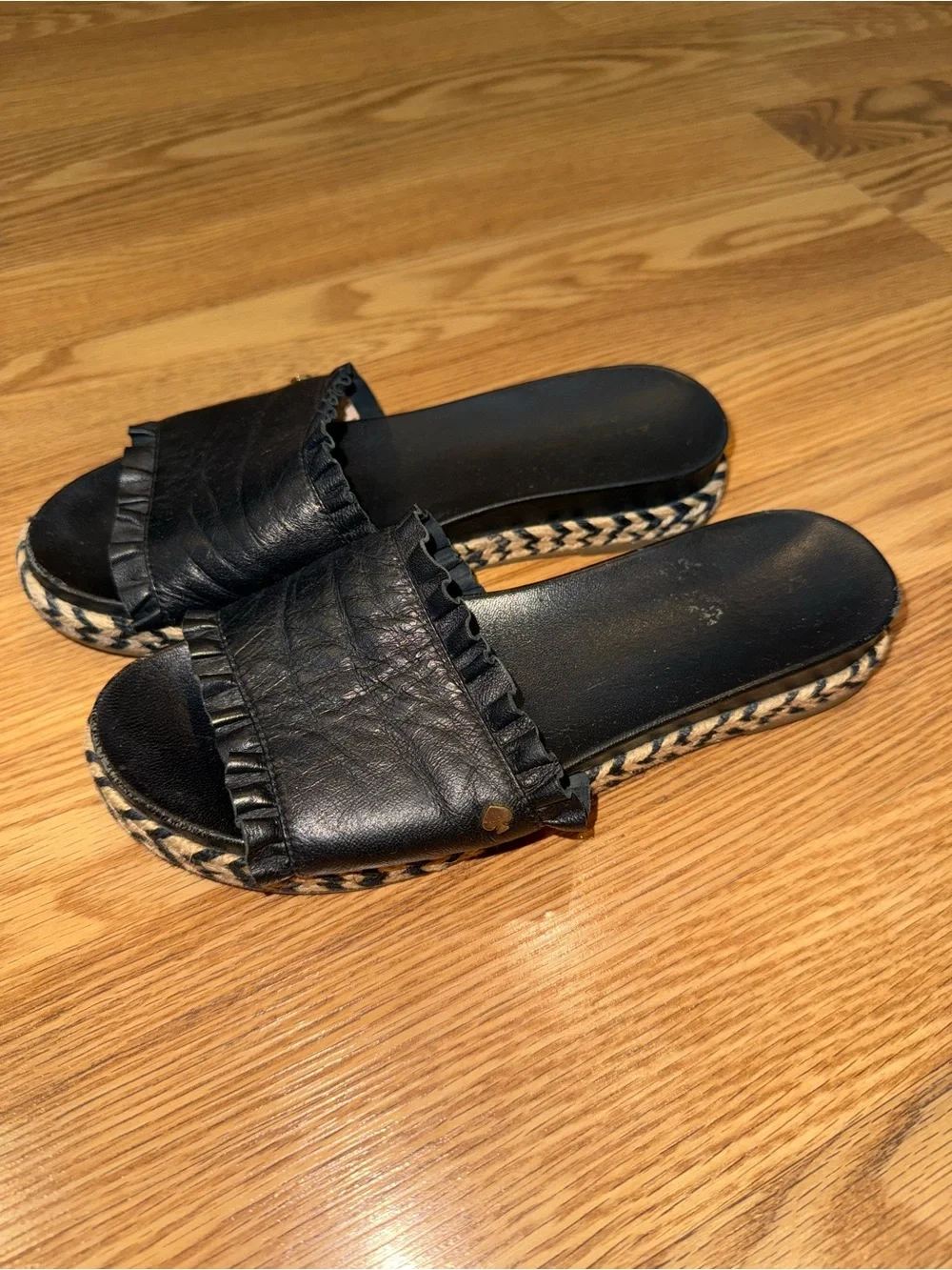Kate Spade New York Zahara slide sandals black leather ruffle trim jute sole